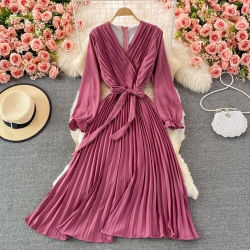 Croysier Dresses For Women 2021 Party Elegant Vintage Midi Dress With Belt Autumn V Neck Long Sleeve Chic Office Pleated Dress