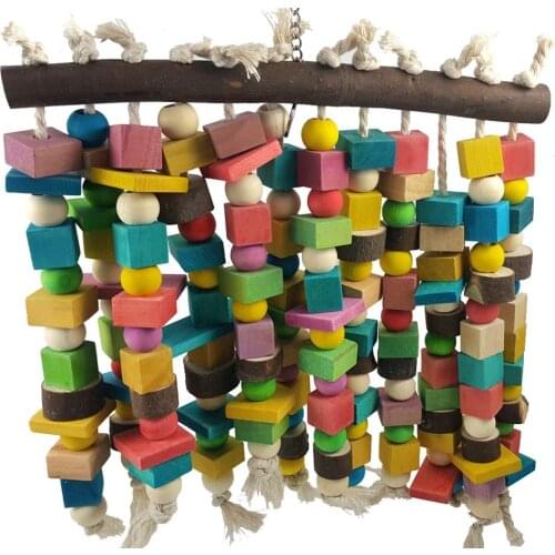 Bird Chewing Toy Wooden Building Blocks and Beads String Hanging Swing Scratcher Perch Standing Stick Bites