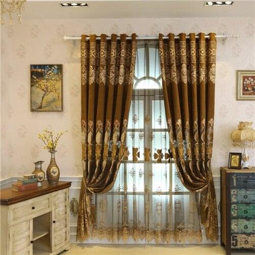 European and American luxury custom blue/brown embroidered living room curtains with high-end screens for bedroom windows