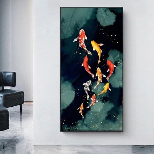 Koi Fish Feng Shui Carp Lotus Pond Canvas Painting Modern Posters and Prints Cuadros Wall Art Picture for Living Room Home Decor
