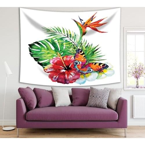 Tapestry Tropical Palm Leaves and Flowers Classic Watercolor Style Nature Artwork Green Red Orange