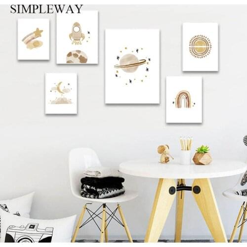 Universe Space Cartoon Nursery Canvas Painting Rainbow Planet Moon Poster Art Print Wall Picture Nordic Kids Baby Bedroom Decor