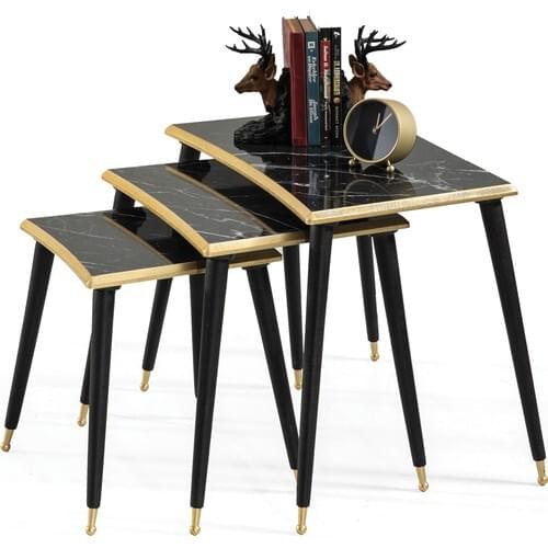 İnegöl Coffee Table Black Marble Rectangular Wood 3'lü Zigon Gold Bordered Coffee Table Lux Flip E7