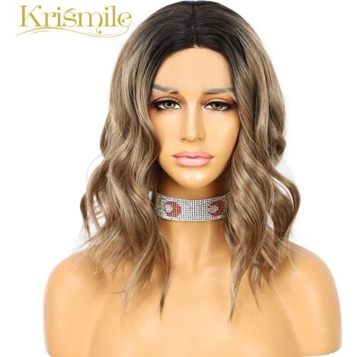 Krismile Ombre Brown Synthetic Lace Wigs Short Wave T Middle Part Wig Party Daily for Women Make Up Celebrity Heat Resistant