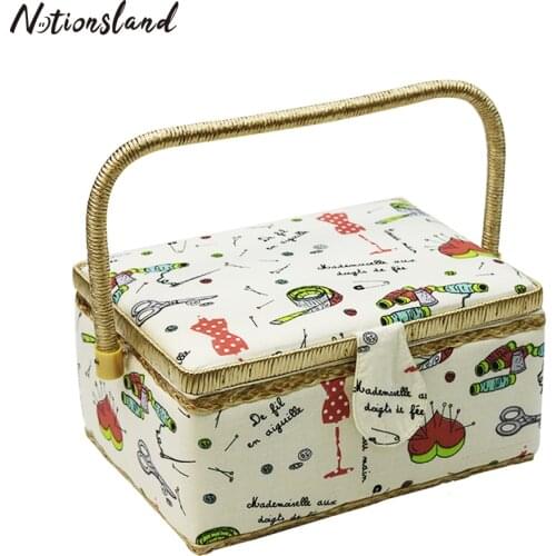 Sewing Kit Basket with Sewing Accessories for Storage&Organization Cotton Fabric Crafts Sewing Box Gift for Mother 24*17.5*13cm