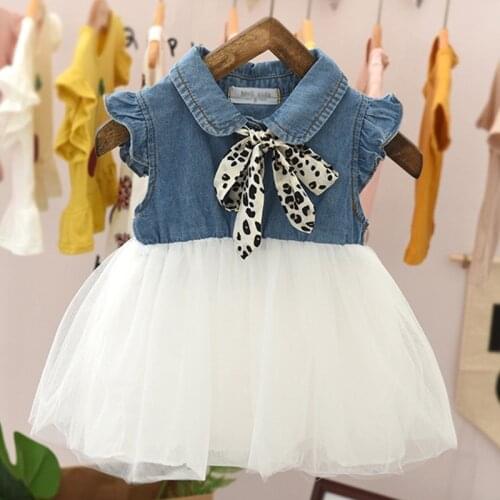 Summer Fashion Cute Girls Dress Girls Dress Denim Mesh Stitching Kids Dress Korean Style Children Scarf Decoration