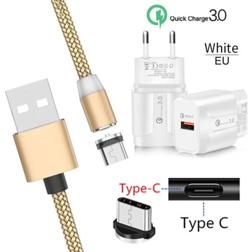 Magnetic Type C USB Charge Wire QC 3.0 Fast Wall Plug Charger For Samsung Galaxy S8 S20 FE S21 Xiaomi POCO M3 Redmi 9 Note 8 Pro