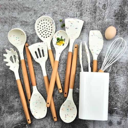 White Silicone Cooking Utensils Set Non-stick Spatula Shovel Wooden Handle Cooking Tools Set With Storage Box Kitchen Gadgets