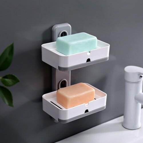 Wall Mounted Soap Dish 2 Tiers with Drain Board and Hook Detachable Countertop Soap Holder Strong Suction Cup Soap Holder Box