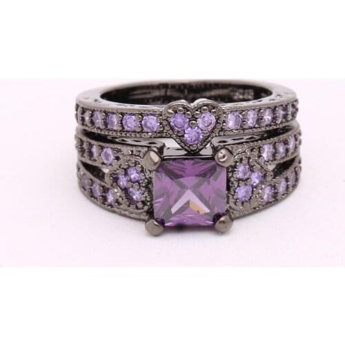 New Arrival Fashion Jewelry Rings 2 Piece Luxury Black Gold Ring Set Wedding For Love With Purple Cubic Zirconia Black Gold Ring
