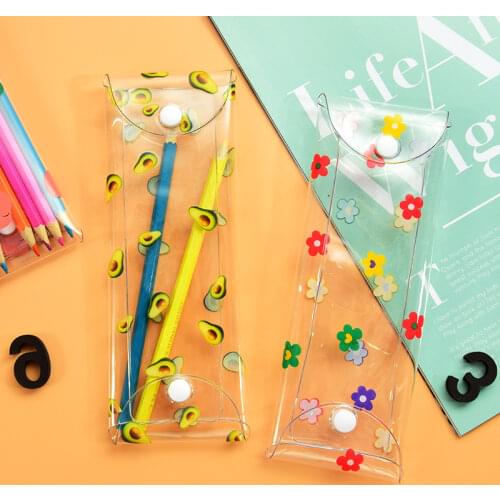 New Transparent Pencil Bag Small Flower Student Pencil Bag Avocado Pen Small Fresh Storage Box Stationery