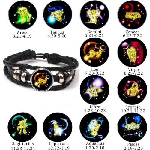 Retro New 12 Constellation Gemini Sagittarius Libra Punk Bracelet Leather Bracelet Charm Bracelet Men Women Girl Jewelry Gifts
