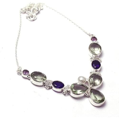 Genuine Green Amethyst + Garnet Necklace 925 Sterling Silver, 44.5 cm, MHBNE0188