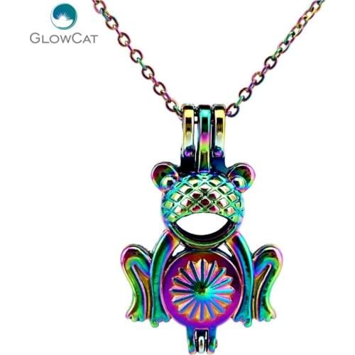 C667 Rainbow Color Cartoon Frog Bead Pearl Cage Necklace Pendant Aroma Essential Oil Diffuser Locket Necklace