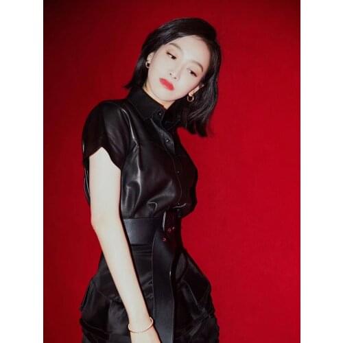 Arrival 2022New Women Fashion Genuine Leather Coat Short Sleeve,Black Real Leather Shirt With Belt