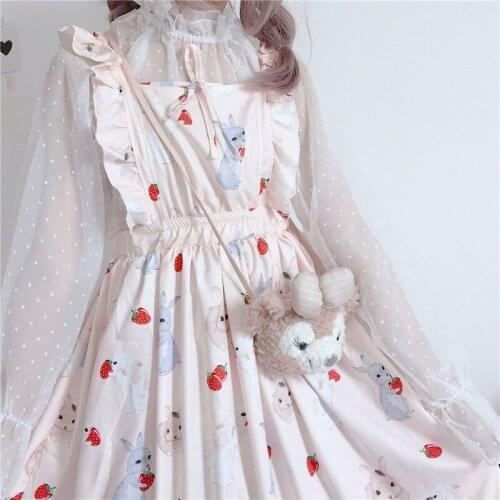 Sweet Rabbit Cute Kawaii Girls Princess Maid Vintage Gothic Printed Lace Sleeveless JSK Summer Dress Pink Lolita Dress