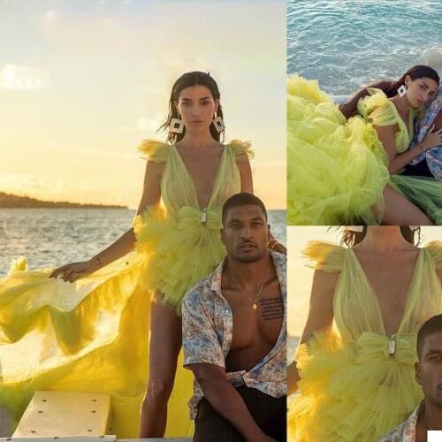 Sexy Deep V Neck Women Dress Custom Made Tulle Short Sleeve Yellow Custom Made Gown Party Wedding Prom Wear