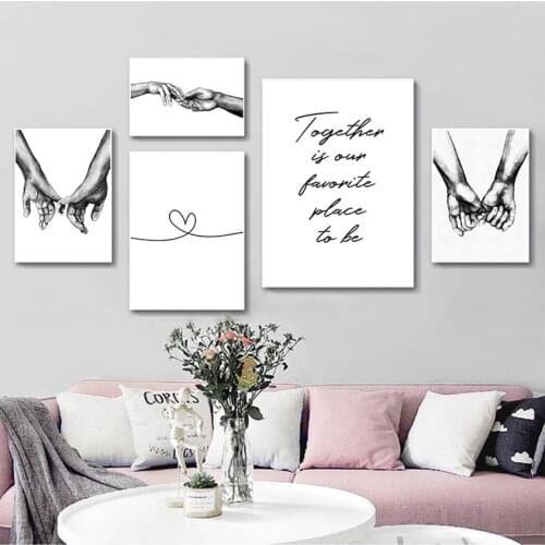 Nordic Fashion Picture Couples Lovers Room Decoration Romantic Hand in Hand Canvas Painting Black White Wall Art Poster Print