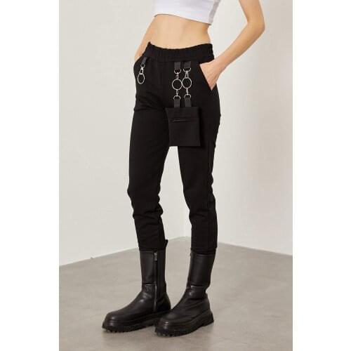 YENİ SEZON 2021 CEPLİ EŞOFMAN Kadın Siyah Zincir Detaylı Eşofman Altı