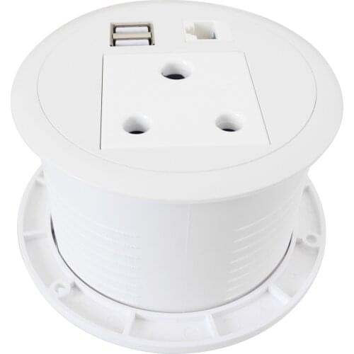 South African Plug Power Sockets Mini Round Grommet Outlet with 1 Plug outlet, 2 USB Charge,1 RJ45 Internet For Office desktop