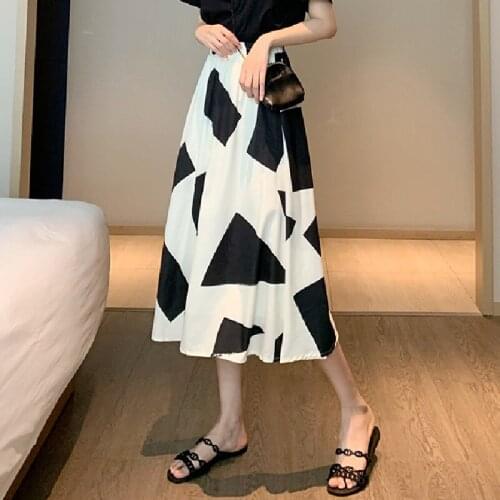 Korean Fashion Skirts Womens 2021 Summer Streetwear Vintage Black White Geometric Print Elastic Waist A Line Long Skirt B384