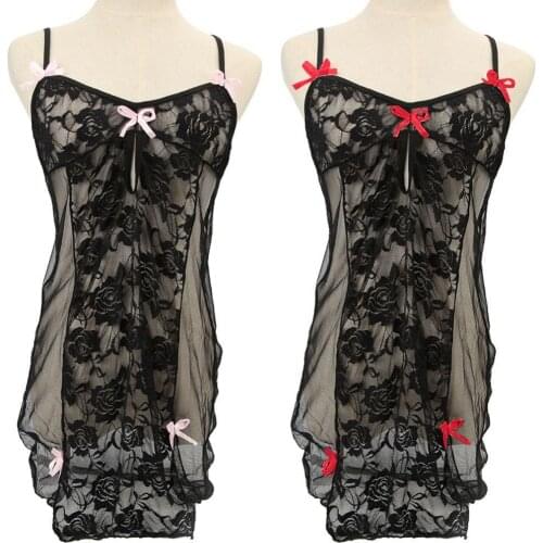 Women\s Sexy Deep V Neck See Through Bowknot Decor Nightwear Sleepwear Dress Pink/ purple/ red