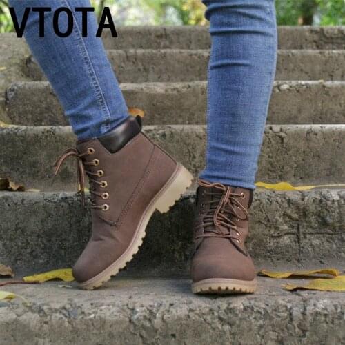 VTOTA Women Winter Boots Black Leather Women Ankle Boots Fashion Warm Female Low Heel Squred Boots Lace Up Martin Snow Boots J47