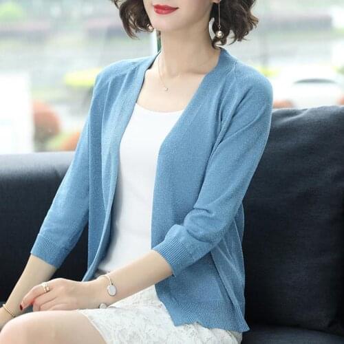 PEONFLY Fashion 2020 Spring Sweater Women Shinny Solid Color Knitted Cardigans Casual Long Sleeve Coat V Neck Women Jumper Blue