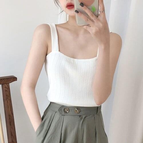 Womens Sexy Knitted Crop Top Sleeveless Korean Solid Color Tank Top Lady Casual Streetwear