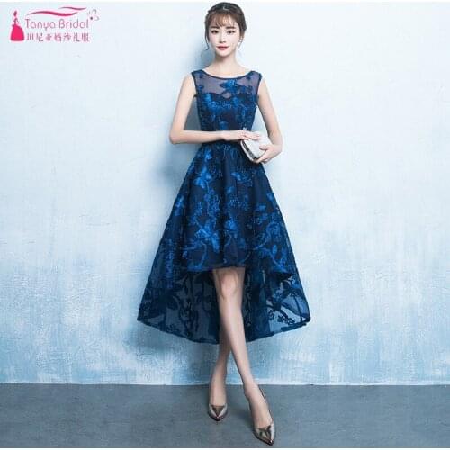 Sleeveless A line Short Front Long Back Prom Dress Blue Lace High Low Sexy Illusion Body Formal Evening Gown JQ252