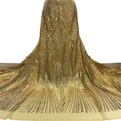 Gold High Quality African Sequins Lace Fabric Orange French Nigerian Net Lace Embroidery Tulle Lace Fabric for Wedding Party