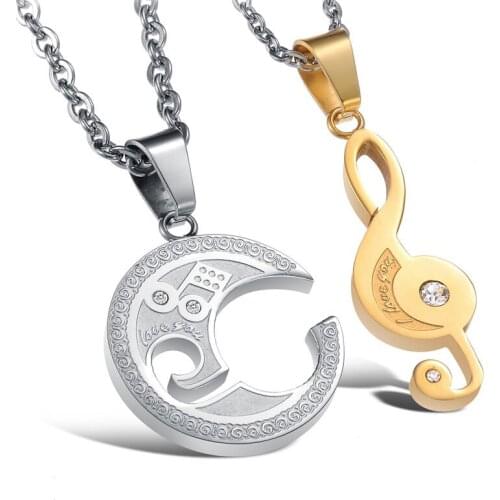 2pcs Crystal Jewelry Music Symbol Break Moon Chain Stainless Steel Lovers "I Love You" Couple Necklaces & Pendants for Women Men