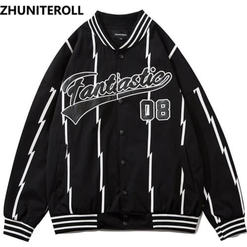 2021 Harajuku Letter Embroidery Baseball Jacket Men Striped Bomber Fashion Coats Streetwear High Street Tops College Clothing