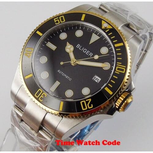 Bliger 43mm Japan NH35 Automatic Movement Mens Wristwatch SUB Black Dial Date Window Oyster Bracelet Sapphire glass