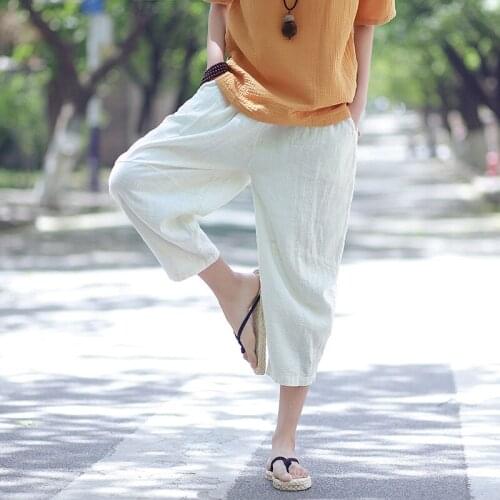 Women Summer Cotton Linen Retro Loose Pants Ladies Casual Calf Length Vintage Pants Solid Color Elastic Waist Trousers