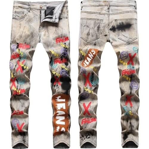Jeans for men Hip hop High street Slim skinny jeans fashion high quality cotton pattern printing trousers male ripped jeans