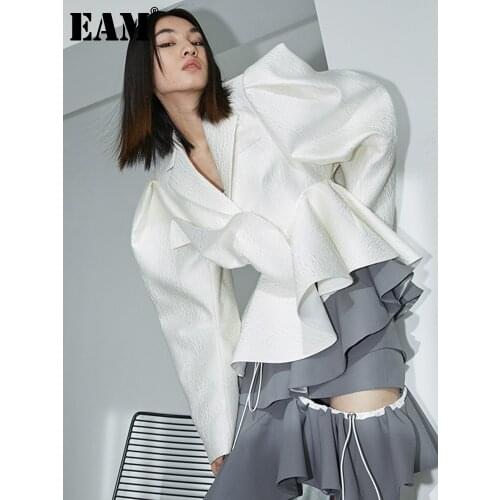 [EAM] Loose Fit Hollow Out Bandage Ruffles Jacket New Notched Collar Long Sleeve Women Coat Fashion Spring Autumn 2021 1DD4761
