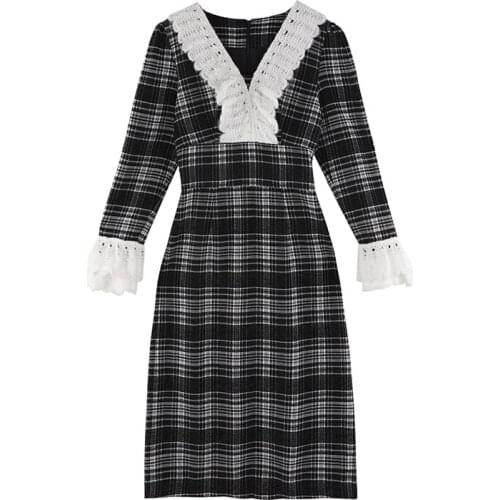 Elegant Pastel Trendy Dress Women A-line Splicing Lattice Vestidos New Style Long Sleeve Office Ladies Chic Dress Robe