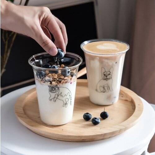 Inswind Simple Glass Transparent Hot Coffee Drink Cup Cat Dog Line Draw Milk Juice Cup Water Bottle Glass Cute Kawaii
