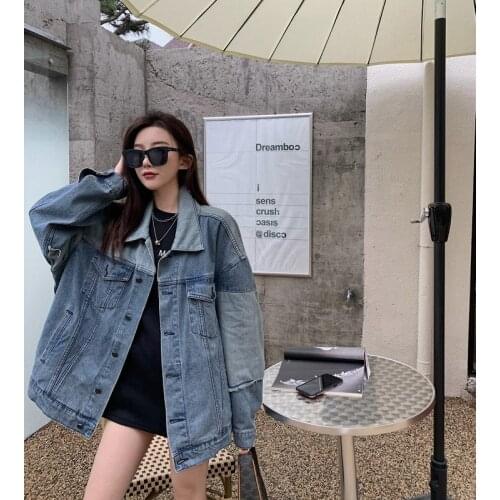 Vintage Contrast Color Splice Denim Coat Fashion Casual Long Sleeve Single Breasted Lapel Jacket 2021 Spring Women Clothes
