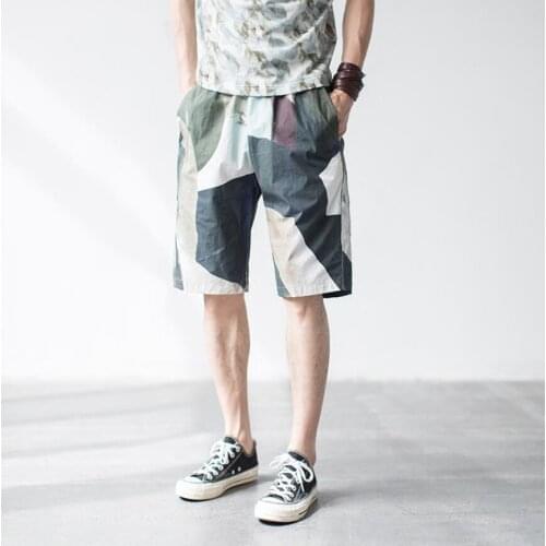 Summer Printed Casual Shorts Men Irregular Knee Length Trend Personality Printed Elastic Hairstylist Gd Casual Low Crotch Shorts
