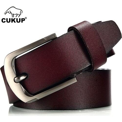 CUKUP Mens Fashion Solid Color Genuine Leather Male Simple Design Pin Buckles Metal Belt Accessories Jean 1.5" Wide New NCK664