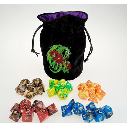 Rollooo Bag of 5 Dice Sets D&D Gemini Colors Total 35 pieces & 1 Green Dragon Embroidery Dice Bag