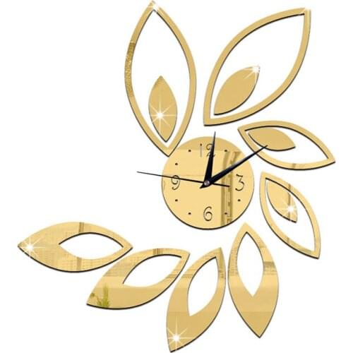 Art Wall Clock Mirror Frameless Leaves Large Wall Clock Silent Wall Clock for Decorative Living Room, Gold, Silver, Red Black
