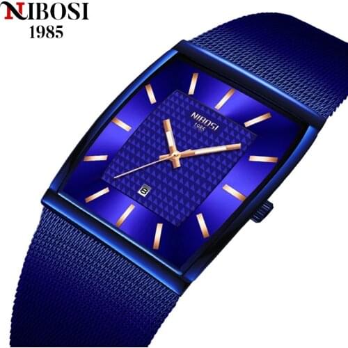 NIBOSI 2021 Square Watch Men Black Golde Blue Mesh Belt Band Quartz Wristwatch Mens Watches Sports Waterproof Relogio Masculino