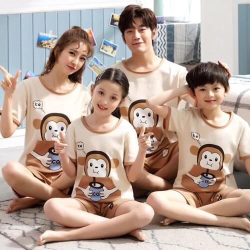2021 New Cartoon Parent-Child Pajamas For Boys Girls Children Pure Cotton Mother-Daughter Summer Home Wear Tracksuit Kids Suit