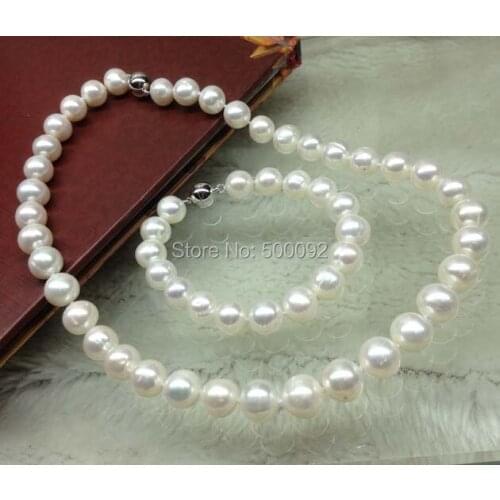 Genuine 10mm near round white pearl necklace & bracelet