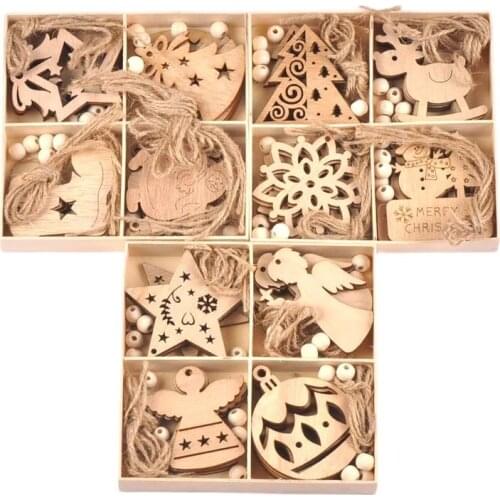 1Box(20pcs) Wood Christmas Tree Pendant Hanging Ornament Santa Claus Angel Star Xmas Party Decor DIY Home Decoration mt2703