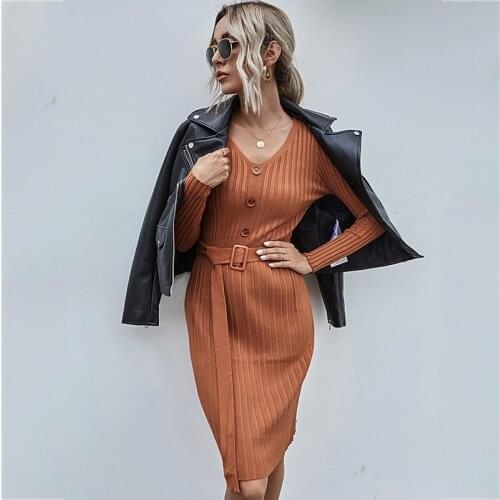 Foridol V Neck Knitted Ribbed Sweater Dress Elegant Belt Long Sleeve Midi Dress Orange Office Ladies Basic Wear Dress Vestidos