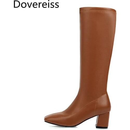 Dovereiss Fashion Womens Shoes Winter Sexy Elegant yellow Knee high boots Square toe Ladies Boots Chunky heels Mature 31-48